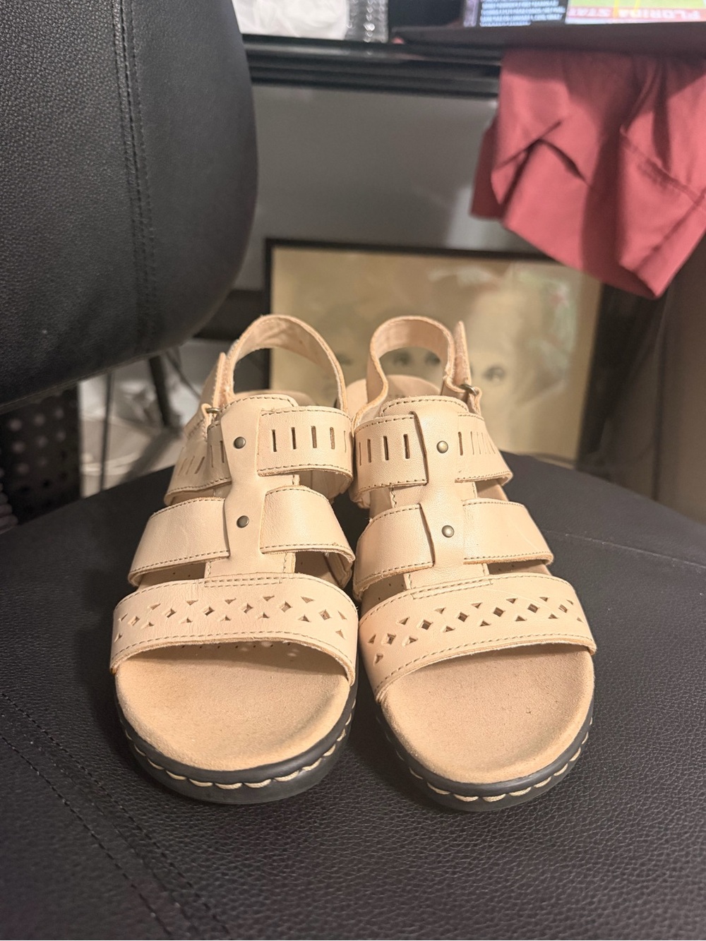 Clarks Collection Beige Leather Strappy Wedge Sandals - Women's